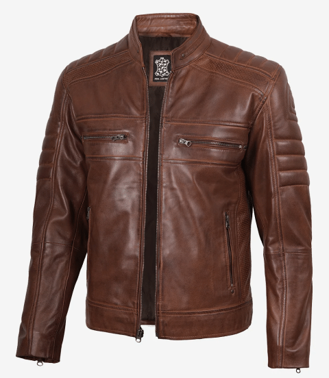 Austin Men's Cognac Waxed Biker Style Leather Jacket