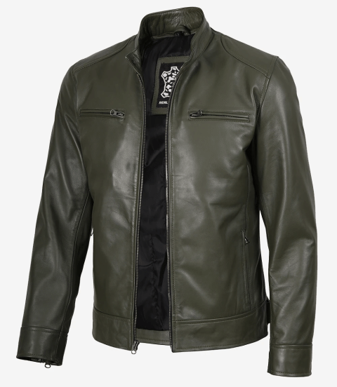 Dodge Olive Green Biker Style Leather Jacket for Men