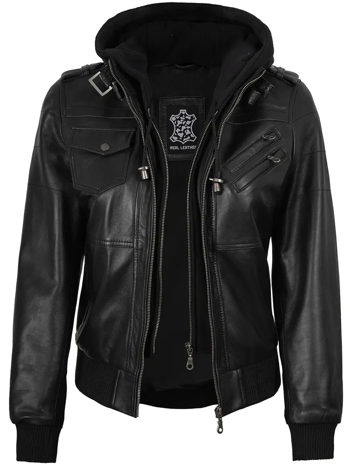 Edgefield – Women’s Black Hooded Lambskin Bomber Jacket | MLJ Edition - Modern Leather Jackets