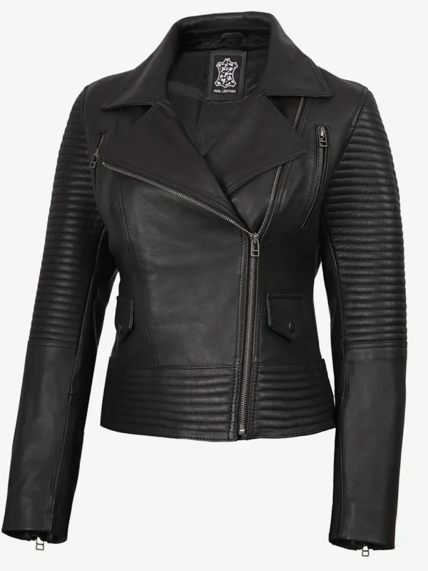 Eloria Women’s Black Leather Biker Jacket - Modern Leather Jackets