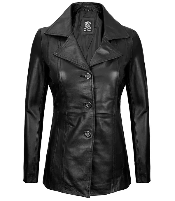Evoria Women’s Black Three-Button Lambskin Leather Blazer - Modern Leather Jackets
