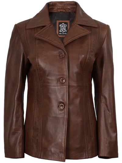 Evoria Women’s Cognac Wax Lambskin Leather Blazer - Modern Leather Jackets