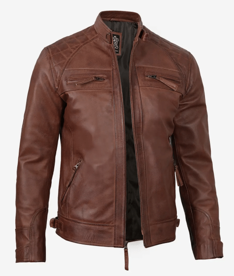Johnson Mens Tall Cognac Biker Style Quilted Leather Jacket
