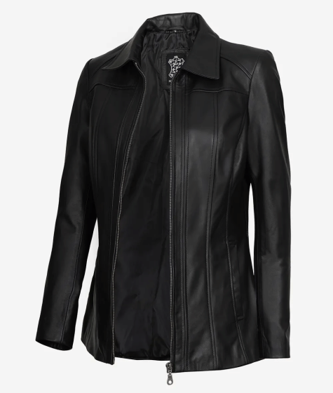 Marsha Womens Black Leather Car Coat