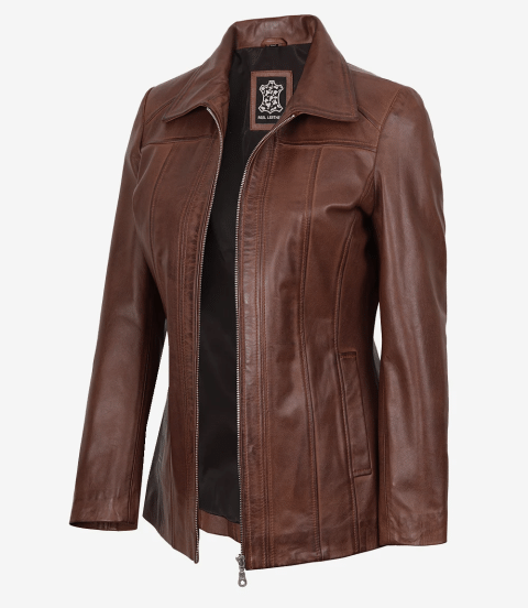 Marsha Womens Cognac Leather Car Coat