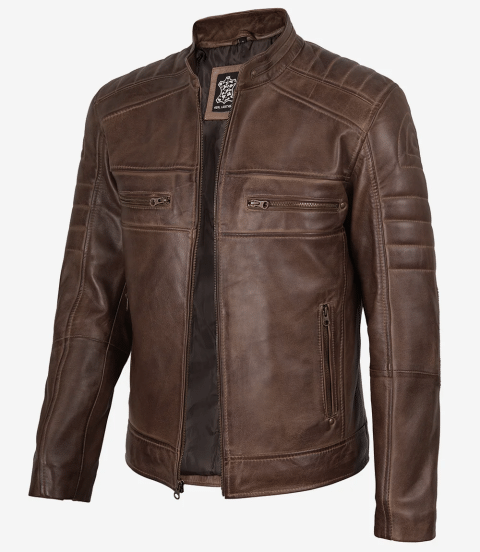 Men’s Coffee Brown Distressed Leather Jacket - Biker Style