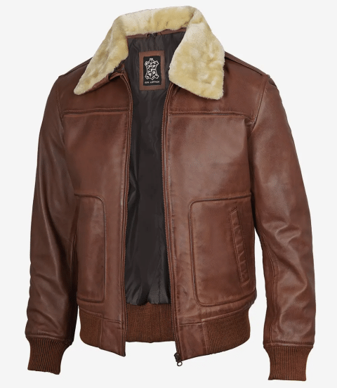 Men’s Cognac Leather Bomber Jacket - Detachable Fur Collar