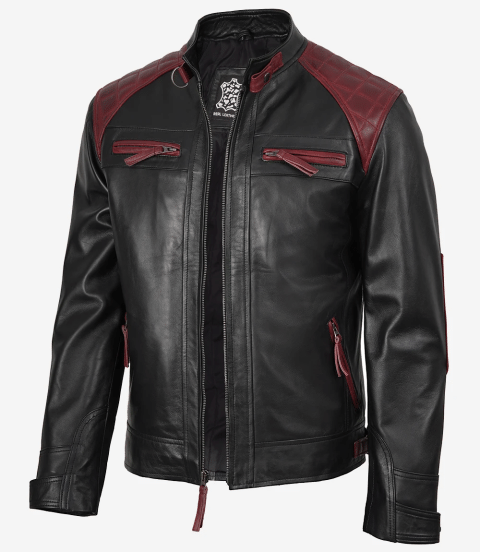 Men's Black and Maroon Biker Style Leather Jacket