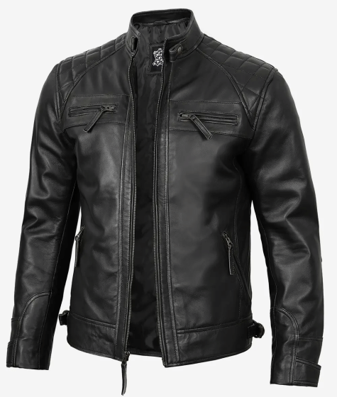 Men's Black Biker Style Leather Jacket - Quilted Shoulder