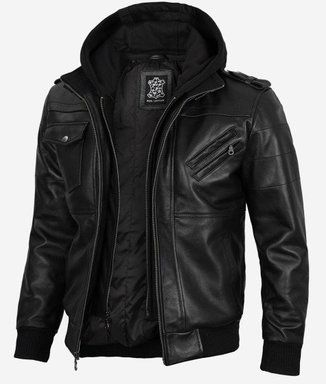 Mens Black Leather Bomber Jacket with Removable Hood