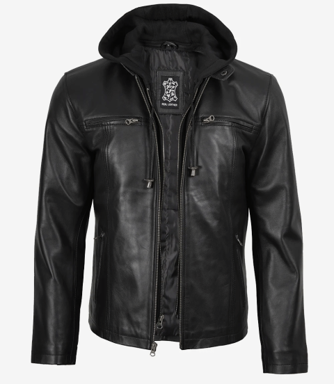 Men's Black Leather Jacket with Removable Hood