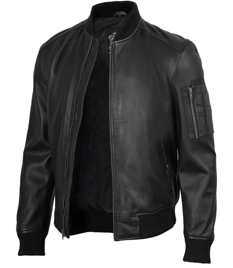Men's Black Real Leather Bomber Jacket – Minimalist Edition