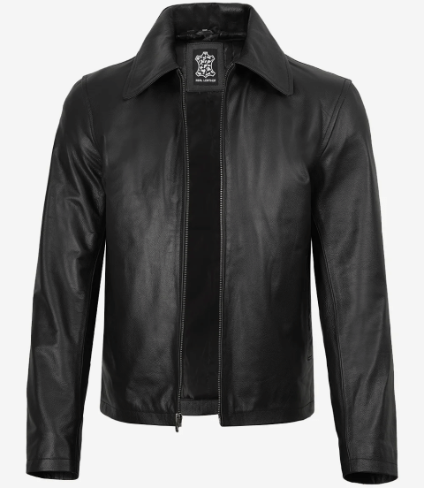 Mens Black Shirt Collar Cowhide Leather Jacket