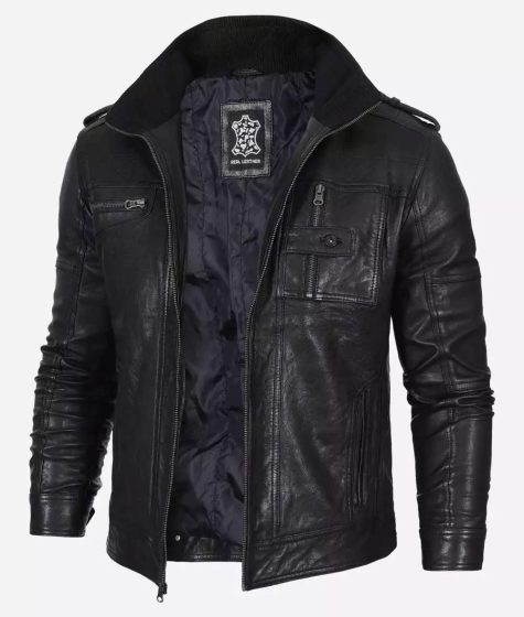 Men's Black Washed Leather Biker Style Jacket