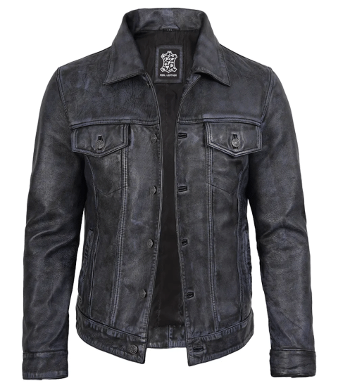 Mens Black Washed Leather Trucker Style Jacket