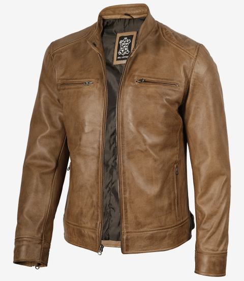 Mens Camel Brown Biker Style Leather Jacket