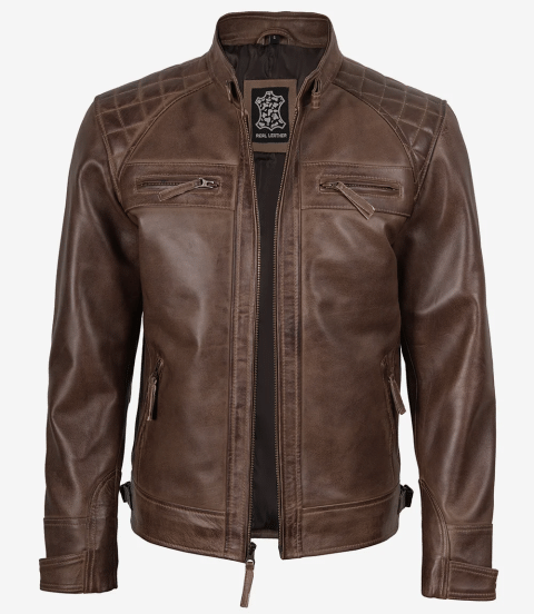 Men's Chocolate Brown Biker Style Leather Jacket - Quilted Shoulders