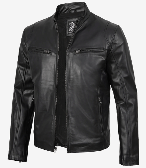 Mens Classic Black Cowhide Biker Style Leather Jacket