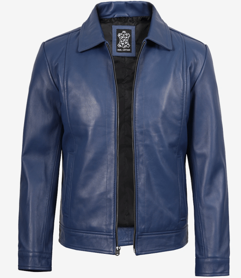Men's Classic Blue Leather Jacket with Shirt Collar
