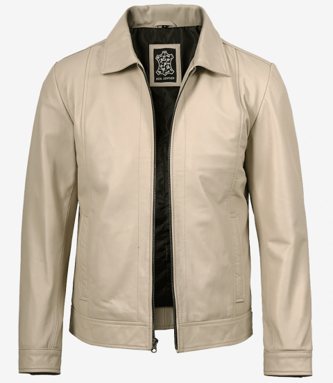 Mens Classic Shirt Collar Beige Harrington Leather Jacket