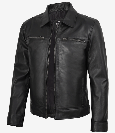 Mens Classic Shirt Collar Black Leather Jacket