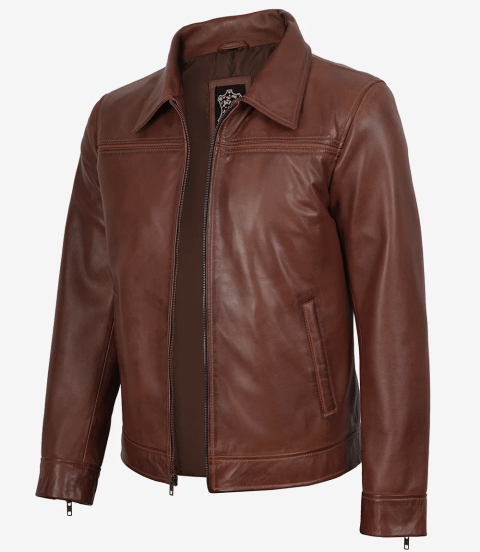 Mens Cognac Shirt Collar Leather Jacket