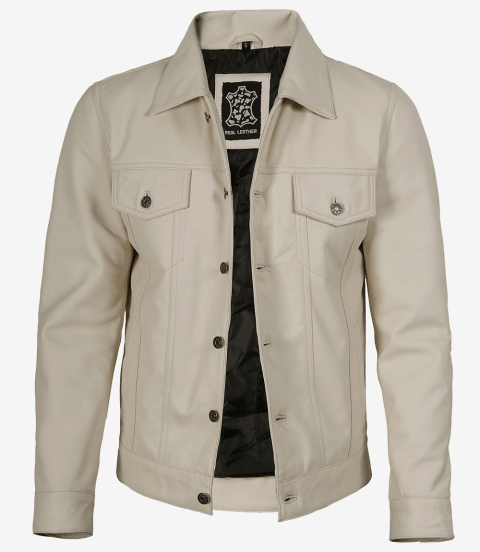 Mens Four Pockets Off White Real Leather Trucker Jacket