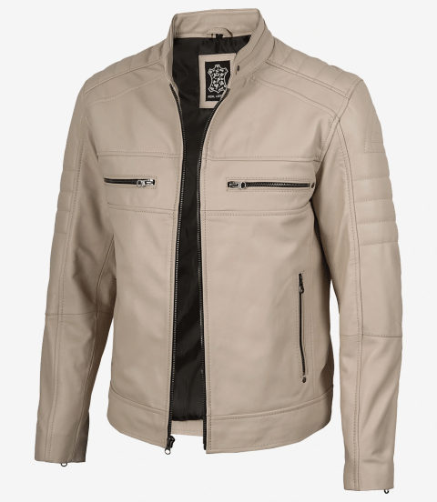 Mens Mandarin Collar Beige Leather Jacket - Biker Style