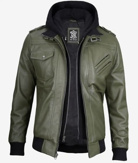 Men's Olive Green Bomber Leather Jacket With Removable Hood