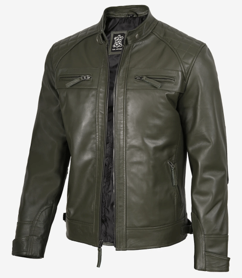 Mens Quilted Shoulder Olive Green Biker Style Leather Jacket