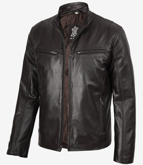 Mens Real Cowhide Leather Dark Brown Biker Style Jacket