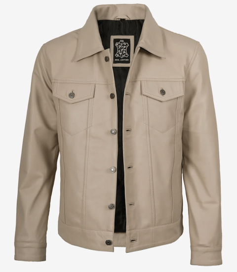Men's Real Lambskin Leather Beige Trucker Jacket