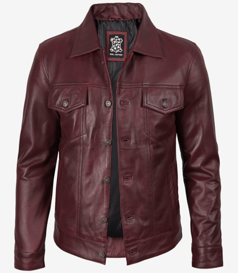 Men's Real Lambskin Leather Burgundy Trucker Jacket