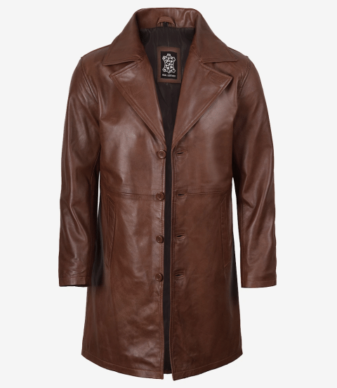 Mens Real Leather 3/4 Length Cognac Coat