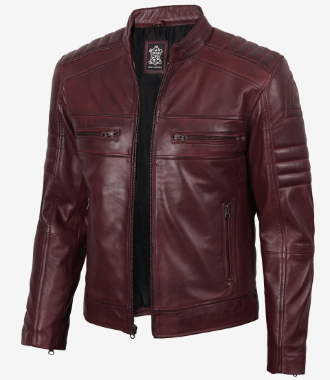 Mens Real Leather Biker Style Burgundy Jacket