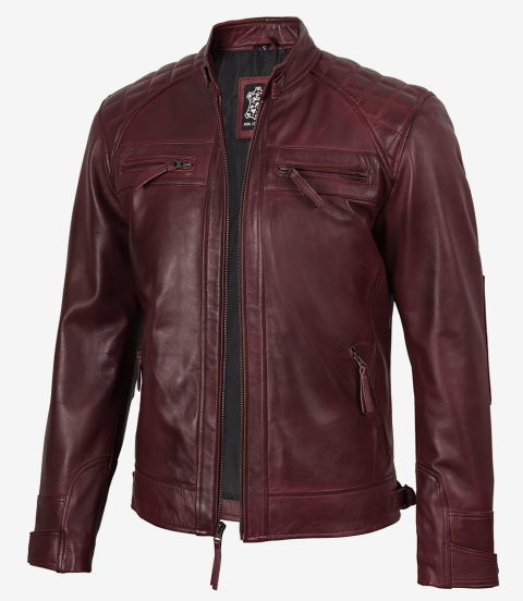Mens Real Leather Biker Style Burgundy Jacket