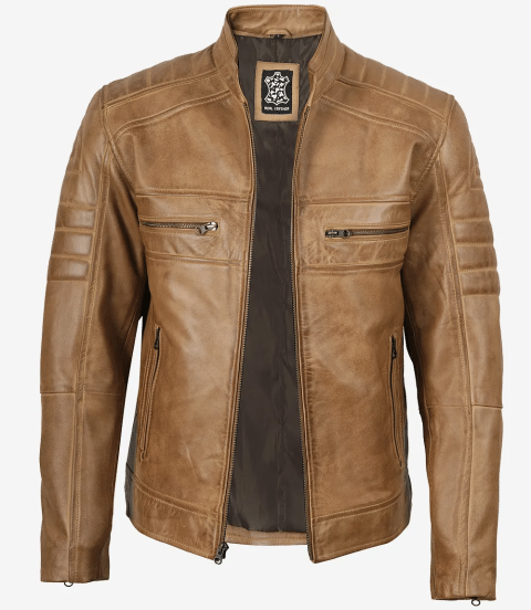 Men's Real Leather Biker Style Camel Brown Jacket