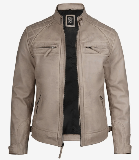 Men's Real Leather Biker Style Warm Beige Jacket