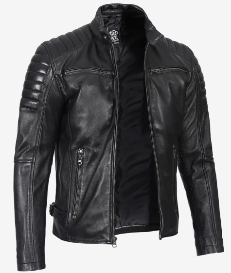 Men's Real Leather Black Biker Style Jacket - Ribbed Padded Shoulder