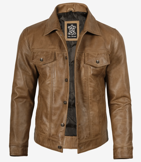 Men's Real Leather Camel Brown Trucker Jacket