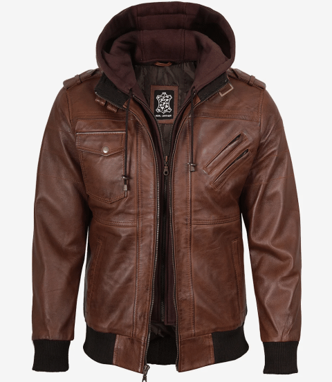 Mens Real Leather Cognac Bomber Jacket With Removable Hood