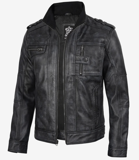 Men's Real Leather Distressed Black Biker Style Jacket