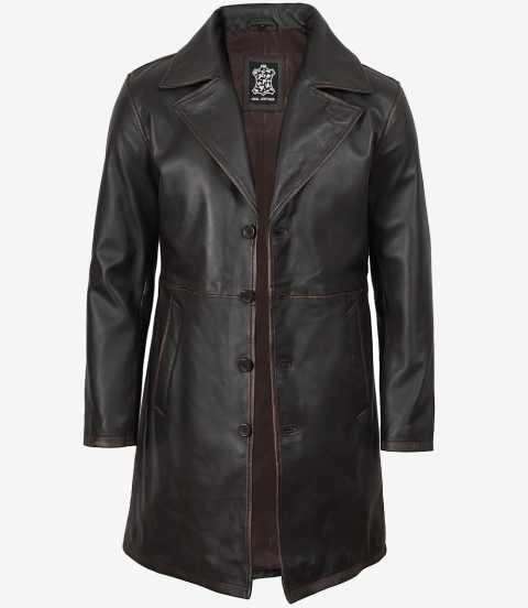 Mens Real Leather Distressed Brown Car Coat