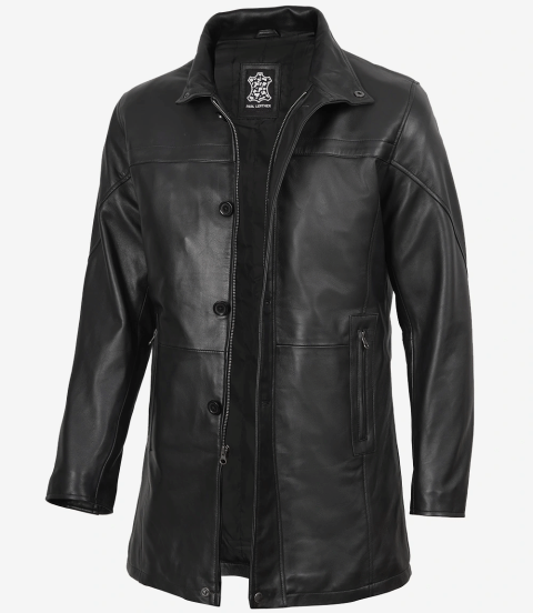Men's Tall Black Leather Coat – 3/4 Length Coat