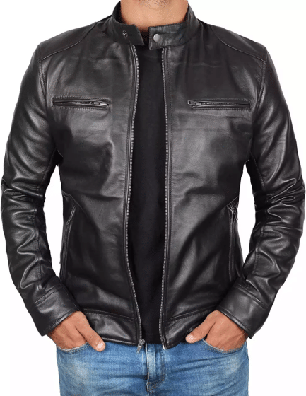 Mens Tall Real Leather Black Biker Style Jacket