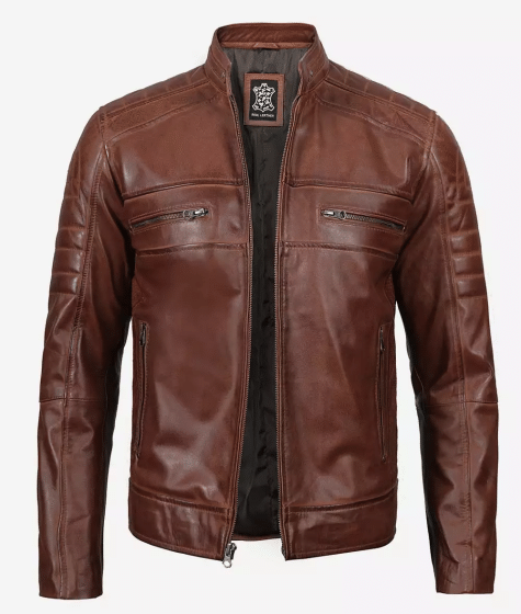Mens Tall Real Leather Cognac Waxed Biker Style Jacket