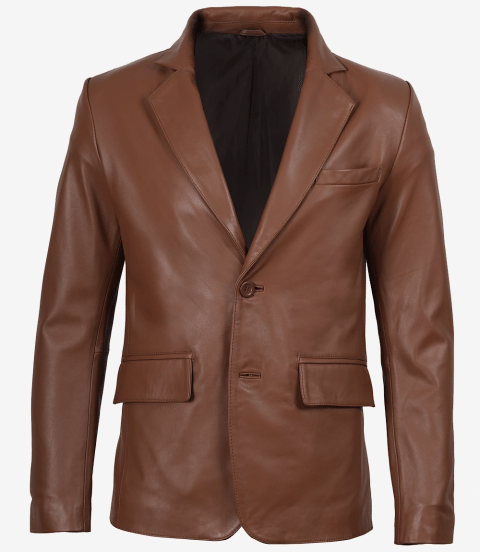 Mens Tall Two Buttons Cognac Leather Blazer