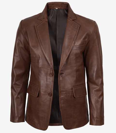Mens Two Button Cognac Waxed Leather Blazer - Notch Lapel