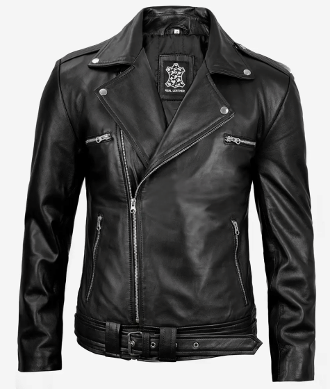Negan Men's Black Asymmetrical Belted Biker Style Leather Jacket