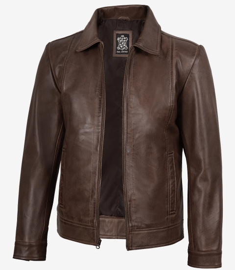 Reeves Mens Shirt Collar Brown Leather Jacket